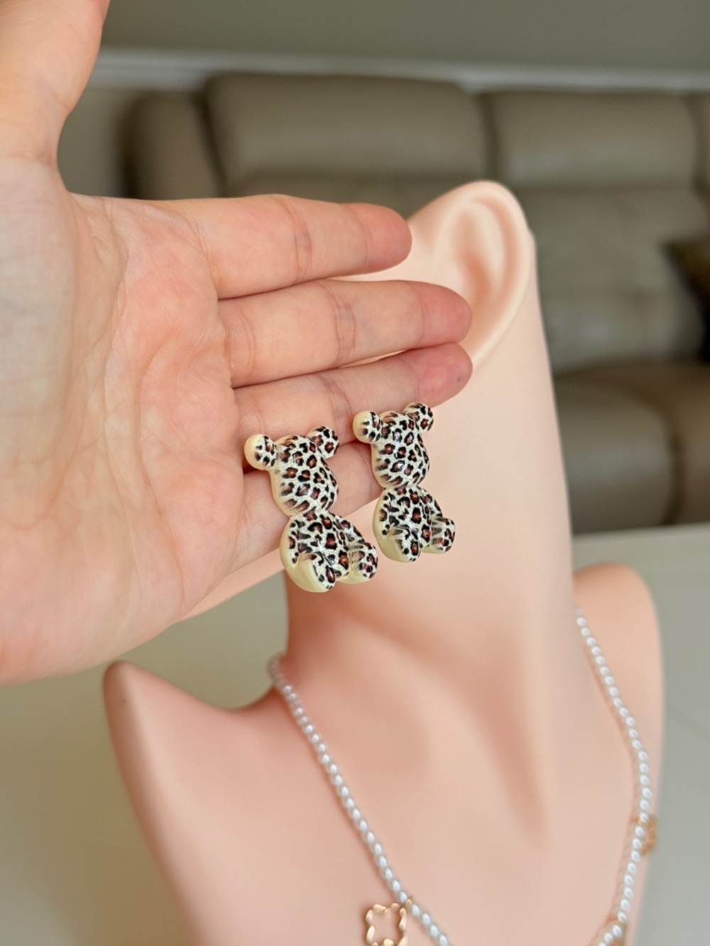 Leopard Print Teddy Stud Earrings - Picture 11 of 11